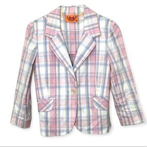 Vintage Y2K Juicy Couture Cropped Pastel Pink Plaid One Button Blazer Size Small